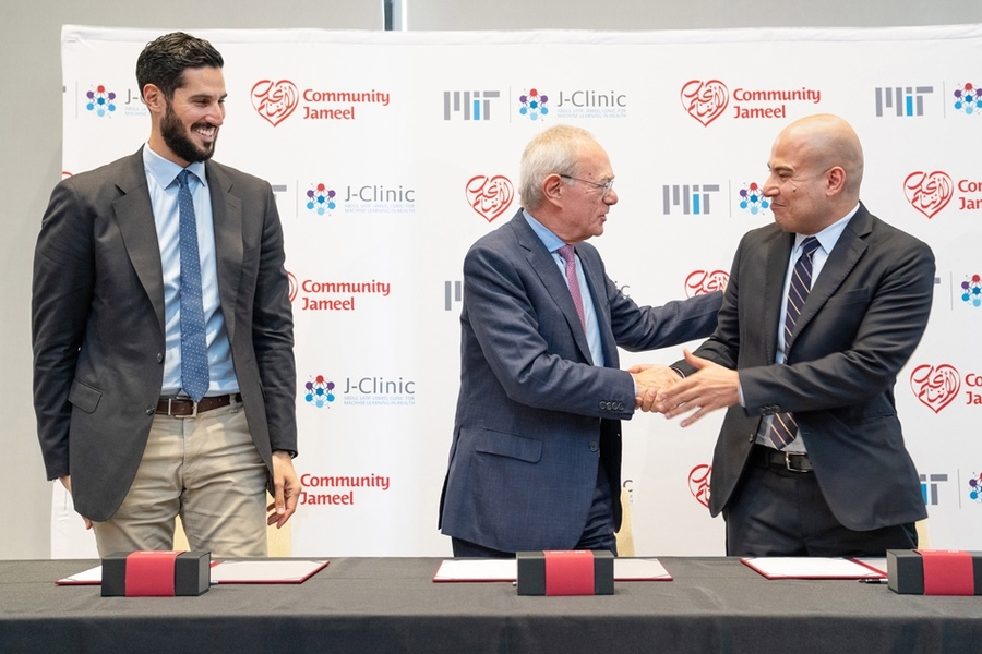 This morning’s ceremonial signing at the J-Clinic launch event. From left to right: Hassan Jameel, president of Community Jameel Saudi Arabia; L. Rafael Reif, president of MIT; Fady Jameel, president of Community Jameel International.