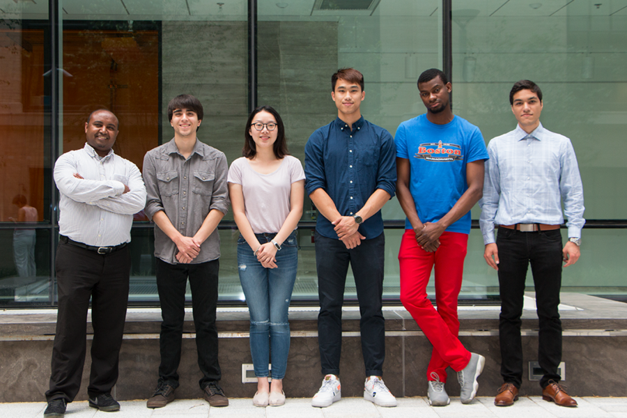 2018 MIT Materials Research Laboratory summer interns include [l-r] Roxbury Community College students Astatke Assaminew and Bruce Quinn, Bunker Hill Community College student Minhua Mei, Fan, and Roxbury Community College students Credoritch Joseph and Juan Hincapie.