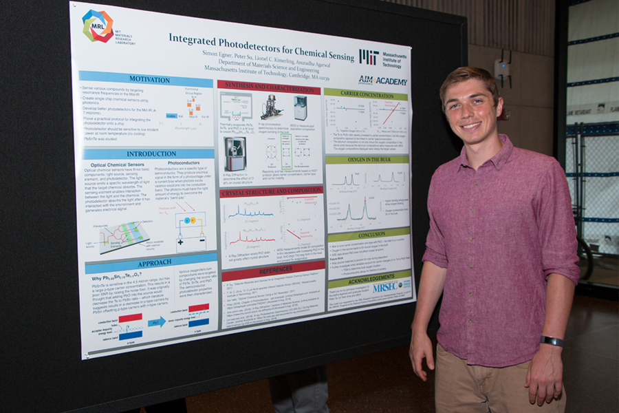 Summer Scholar Simon Egner presents his poster on lead tin telluride samples that he made in the lab of MIT Materials Research Laboratory Principal Research Scientist Anuradha Agarwal. The goal is to create materials that can detect mid-infrared light at wavelengths from 4-7 microns.