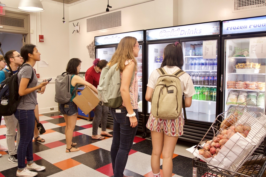A steady flow of students visited to check out the selection of items offered in TechMart, the Institute's new at-cost grocery store for students.