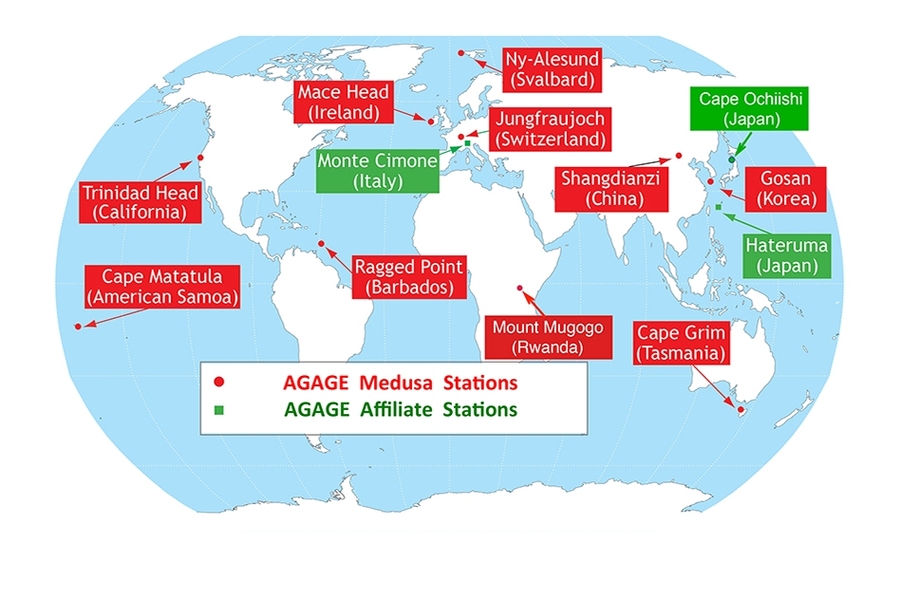 This map shows the locations of the 10 current AGAGE primary stations (red) and the three current AGAGE affiliate stations (green).