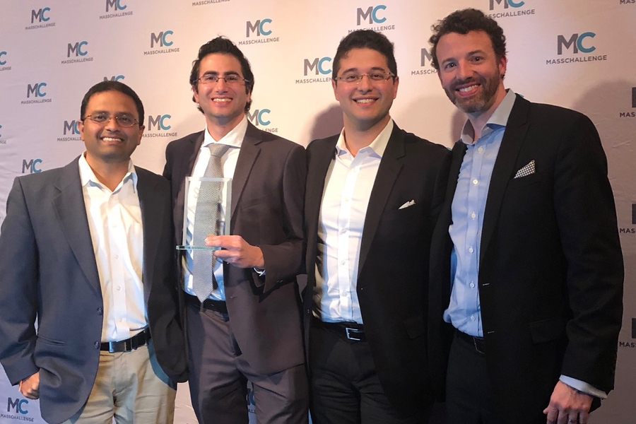The Infinite Cooling team accepts the $100K Diamond Winner Award at the MassChallenge Awards on Oct. 17 in Boston. Left to right: co-founder Associate Professor Kripa Varnasi, co-founder Maher Damak, co-founder Karim Khalil, and COO Derek Warnick.