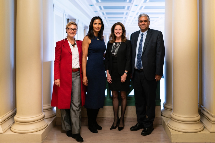 From left: Linda Griffith, an MIT School of Engineering Professor of Teaching Innovation, Biological Engineering, and Mechanical Engineering; MIT visiting scholar Padma Lakshmi; MIT Chancellor Cynthia Barnhart; dean of engineering Anantha Chandrakasan, the Vannevar Bush Professor in the Department of Electrical Engineering and Computer Science.