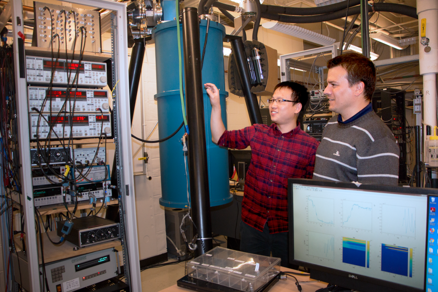 MIT researchers Sanfeng Wu, left, a postdoc at MIT, and Pablo Jarillo-Herrero, the Cecil and Ida Green Professor of Physics, have demonstrated for the first time in a single material the controllable appearance of two different states of matter – topological insulator and superconductor. Their experiments used two-dimensional tungsten ditelluride.