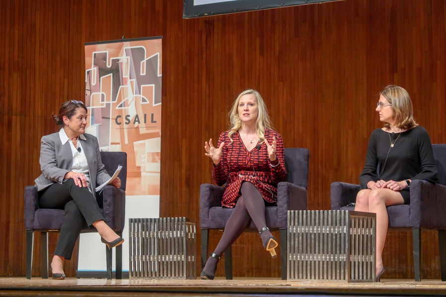 Left to right: CSAIL's Lori Glover moderates a discussion with Walmart's Becky Schmitt and Accenture's Alison Horn.