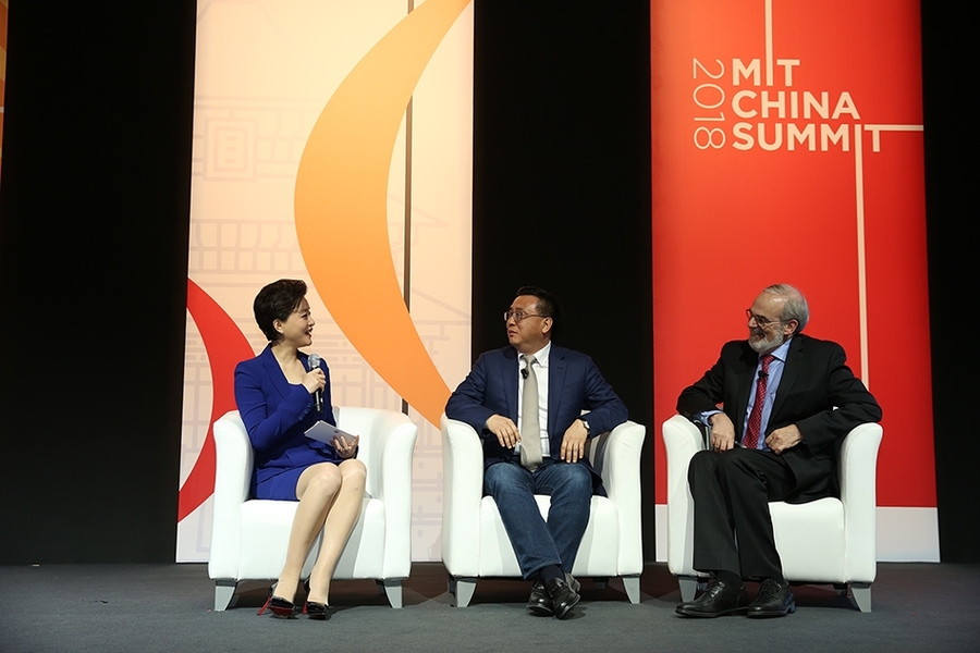 From left to right: Lan Yang, journalist and talk-show host; Ya-Qin Zhang, president, Baidu; Eric Grimson, chancellor for academic advancement, MIT