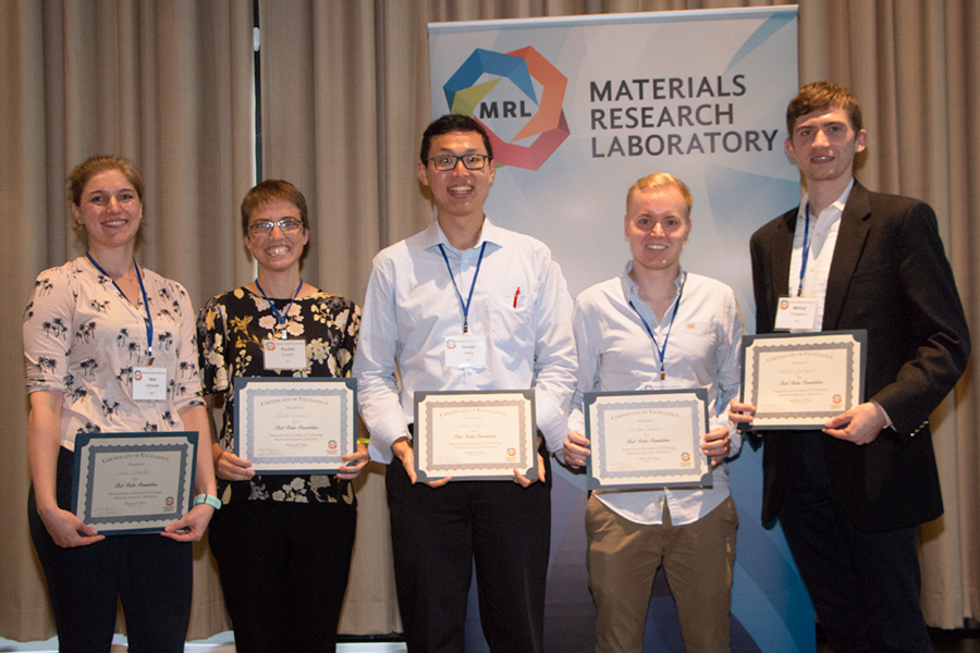 Twenty graduate students and postdocs gave two-minute previews during the Materials Day Symposium, which was immediately followed by a poster session. In all, 60 presented research posters in La Sala de Puerto. The winning presenters were (left to right) graduate students Vera Schroeder, Rachel Kurchin, Gerald Wang, Philipp Simons, and postdoc Mikhail Shalaginov.