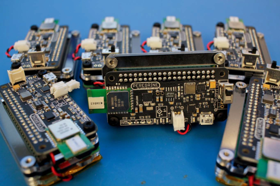 The Peregrine prototype is small, cheap, and flexible enough to be quickly deployed as a navigational network anchor or carried by a user. It contains an ultrawideband radio, microprocessor, and battery.