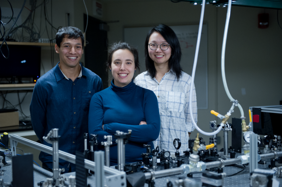 Professor Gabriela S. Schlau-Cohen (center) and graduate students Raymundo Moya (left) and Wei Jia Chen worked with collaborators at the University of Verona, Italy, to develop a new understanding of the mechanisms by which plants reject excess energy they absorb from sunlight so it doesn’t harm key proteins. The insights gained could one day lead to critically needed increases in yields of biom...