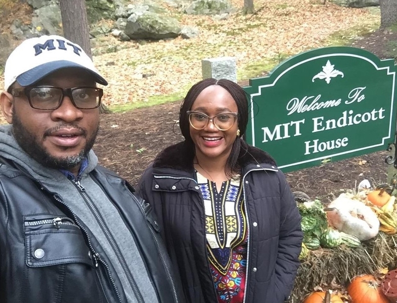 Mazi Ukonu (left) and Chioma Ukonu, cofounders of RecyclePoints, snap a selfie outside MIT Endicott House.