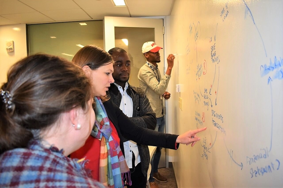 Mapping out positive feedback loops are (l-r) Meghan McCormick, Georgina Campbell Flatter, Prince Arnold Mortagbe, and Emmanuel Luthuli.