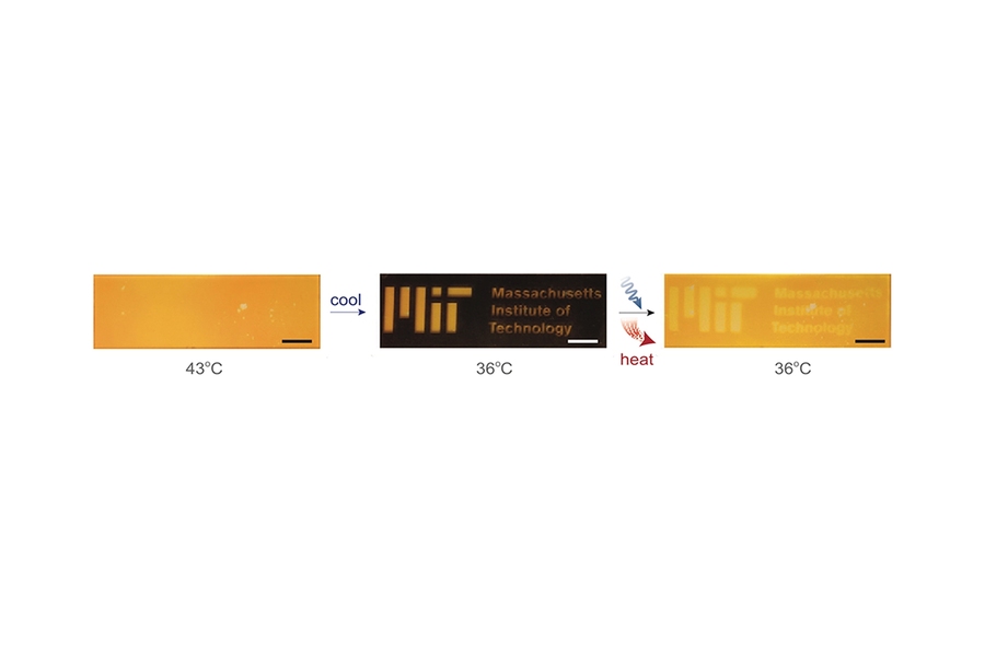 The researchers used their approach to solidify sections of a PCM composite film sandwiched between two glass slides. First they heated the film to 43 Celsius and exposed it to UV light to charge the photoswitch dopants. As the sample cooled to 36 C, they covered most of it with a black mask and shone visible light selectively on the uncovered areas (the orange letters) causing the dopants there t...