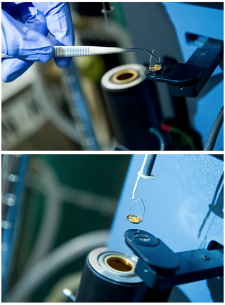 In this thermogravimetric analyzer, the researchers measure properties of their PCM composites such as thermal stability, thermal degradation point, and moisture content. Here, a sample (the yellow powder) is placed on a platinum pan (top photo) and then lowered into a furnace (bottom photo), where measurements will be taken as temperatures rise from 25 Celsius to 800 C.