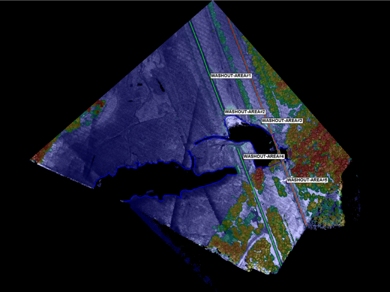 This lidar image shows how lake water has spilled over and washed out several large sections of roadway and train tracks in Boiling Spring Lakes, North Carolina.