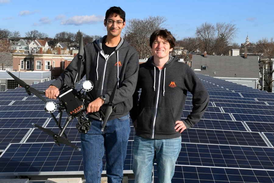 Raptor Maps co-founders Nikhil Vadhavkar, left, and Eddie Obropta ’13 SM ’15. A third co-founder, Forrest Meyen SM ’13 PhD ’17, left the company in 2016.
