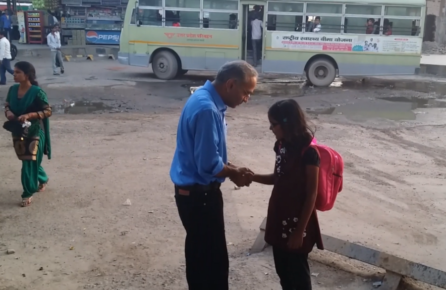 Sinha says goodbye to Poonam when she is discharged from Dr. Shroff's Charity Eye Hospital in Delhi, India.