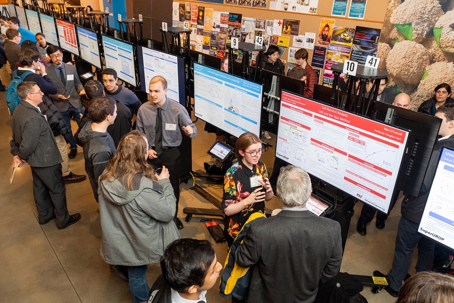 About 130 undergraduates discussed the progress of their yearlong research projects at during the SuperUROP Showcase poster session.