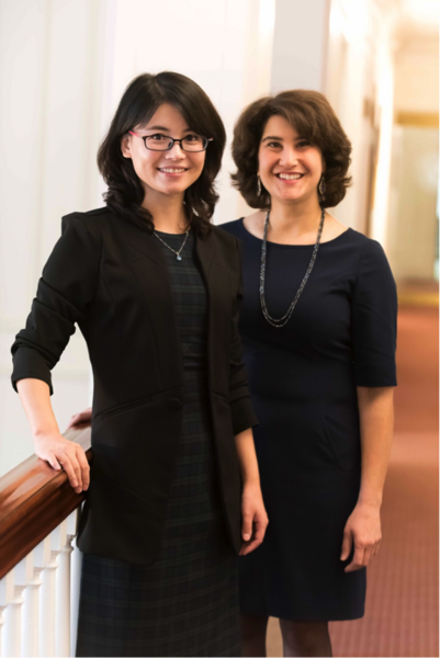 Professors Ruby Gu and Cheryl Schnitzer meet at Stonehill College.