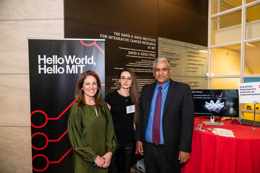 At the student Computing Exposition yesterday, (l-r) Chancellor Cynthia Barnhart; civil and environmental engineering graduate student Judyta Cichocka, a top entrant; and Dean of Engineering Anantha Chandrakasan. With co-developer Radoslaw Grymin, Cichocka is working on the development of Goldfish, a multi-criteria optimizer based on software intended to assist the decision-making process in the d...