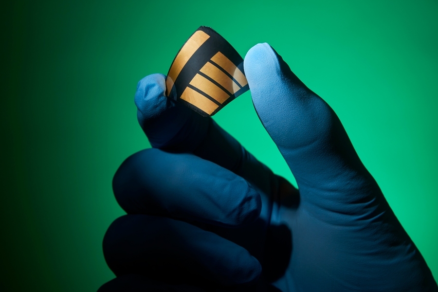 Solar cells made of perovskite have great promise, in part because they can easily be made on flexible substrates, like this experimental cell.