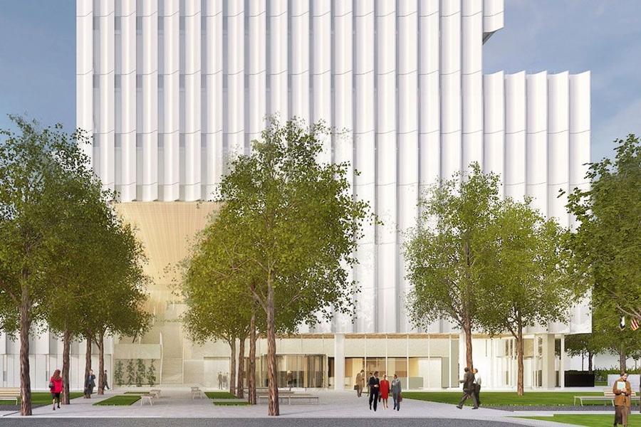 A view of the east façade of the new U.S. DOT Volpe building as seen from Fifth Street. 