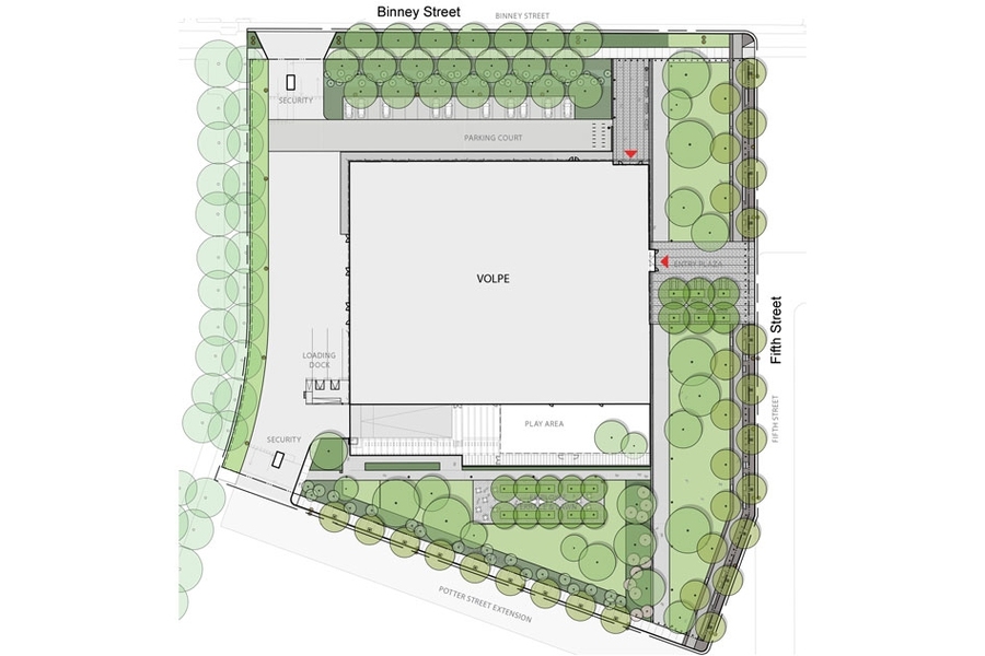 The new U.S. DOT Volpe building will be located in the middle of a four-acre parcel at the northwest corner of the 14-acre Volpe site adjacent to Binney Street and Loughrey Way.  The landscape plan includes over 100 new diverse native species trees.
