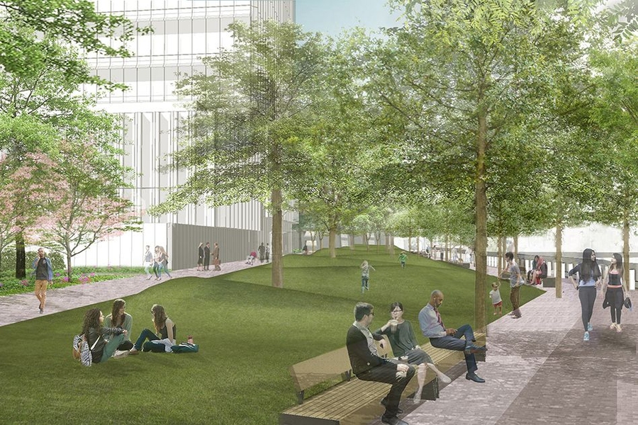 A rendering of a section of the new open space showing a landscape-integrated art piece designed by artist Maya Lin in coordination with architecture firm Reed Hilderbrand.  The design is a representation of the Doppler Effect, manifested in undulating grassy mounds that depict sound waves.