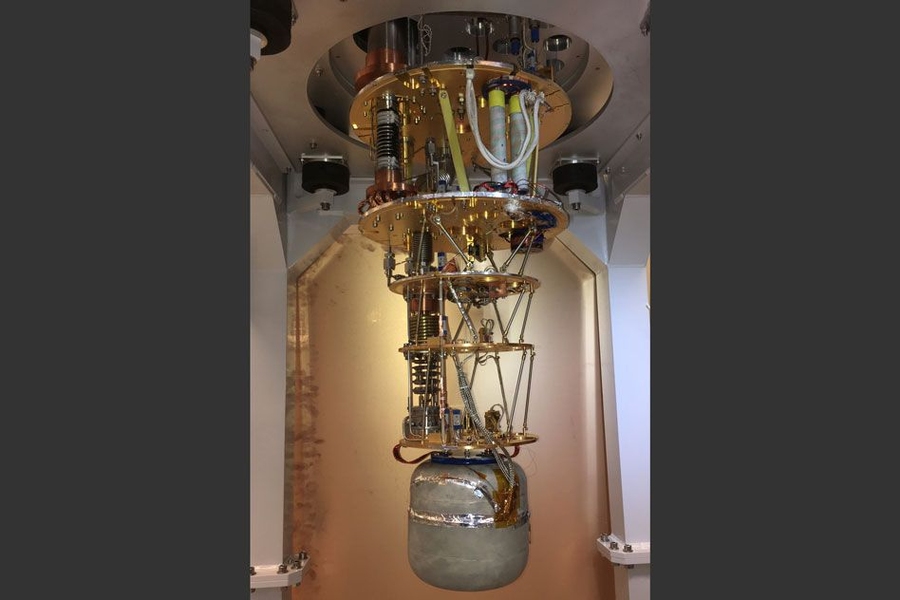 Researchers suspended the detector in order to reduce vibrations from the ultra-cold refrigerator in which it’s stored.