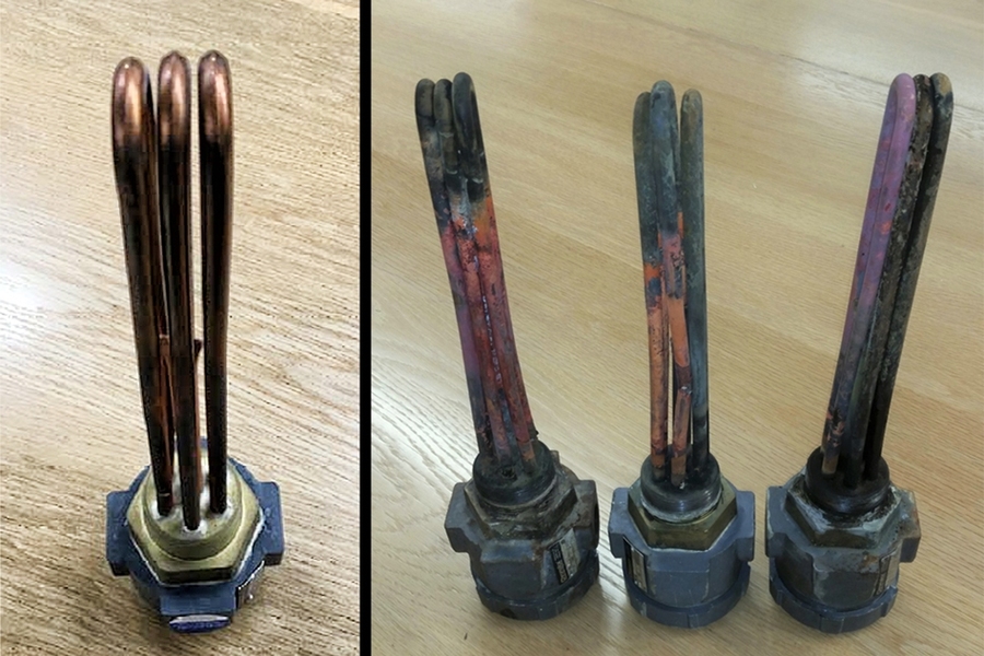 Inspection showed that some of the diesel engine’s water heating coils, at right, were severely corroded. An uncorroded coil is shown at left.