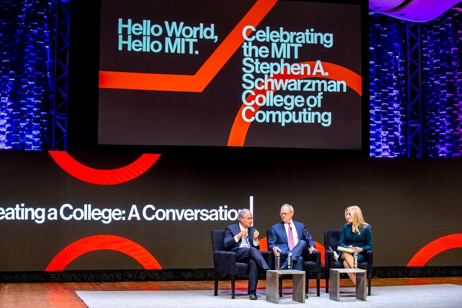(L-R) Stephen A. Schwarzman and MIT president L. Rafael Reif in a conversation moderated by Becky Quick of CNBC