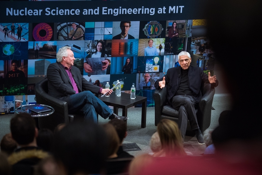 Dennis Whyte, at left, head of the department of Nuclear Science and Engineering, conducted a "fireside chat" with Khosla.