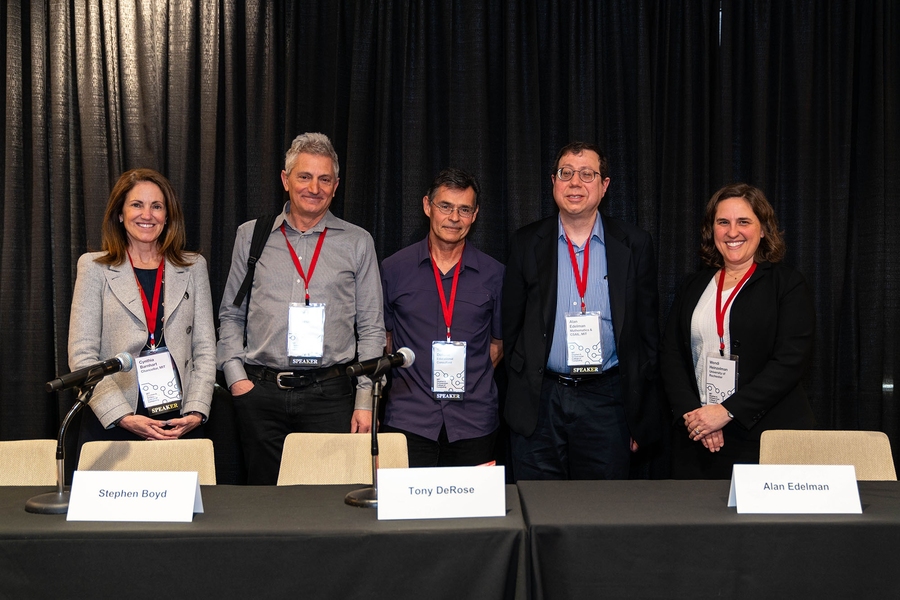 Members of the panel on “Teaching Computing in Science and Engineering” emphasized the importance of making interdisciplinary connections between computer science and other fields. L to R: Moderator Cynthia Barnhart, MIT Chancellor; Stephen Boyd, chair of the Department of Electrical Engineering at Stanford University; Tony DeRose, educational consultant and former senior scientist at Pixar An...