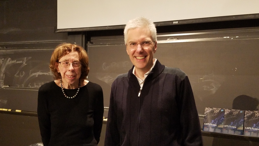 Audrey Buyrn (left) congratulates Raffaele Ferrari on his School of Science Ally of Nature Fund Award.
