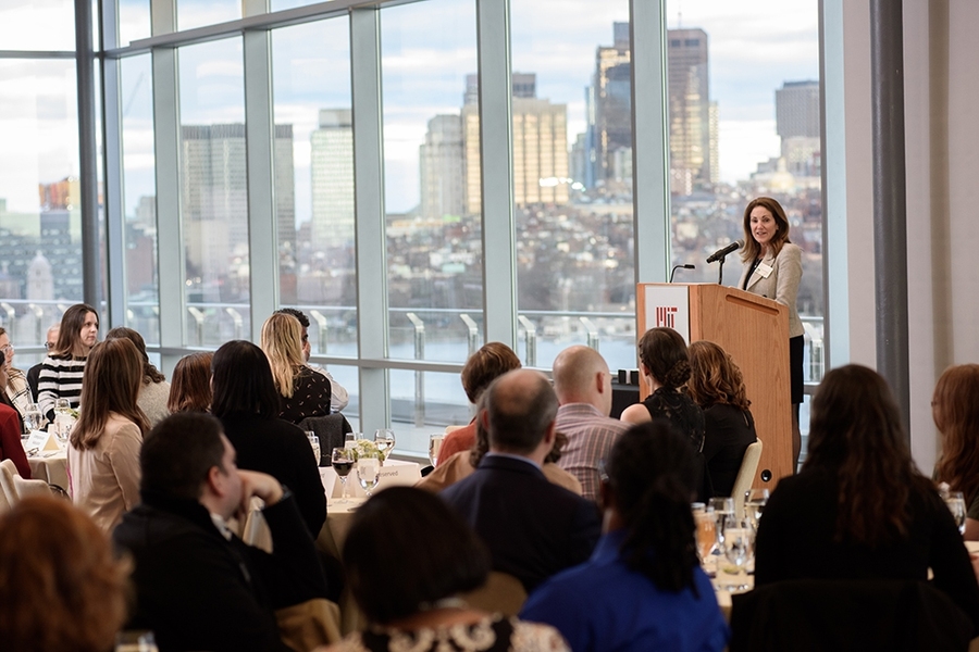 Chancellor Cynthia Barnhart addresses the 2019 Change-Makers Award Banquet held on April 10.