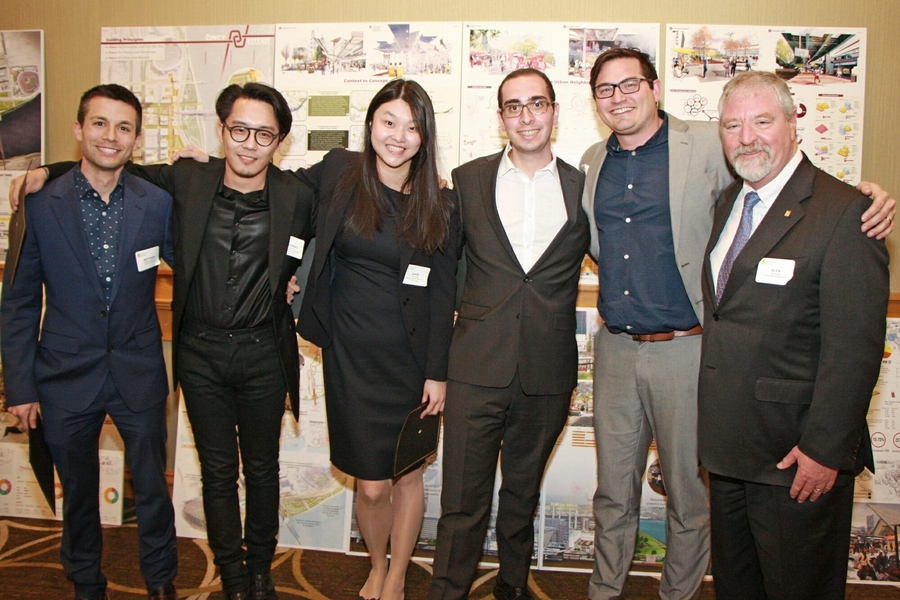 CincyStitch team members (l-r) Matthew Macchietto of Harvard and Zhicheng Xu, Shiqi Peng, Alan Sage, and Joshua Brooks of MIT share a moment with Alex Rose, the Hines Student Competition jury chair and senior vice president of Continental Development Corporation, at the competition finals in Cincinnati, Ohio.