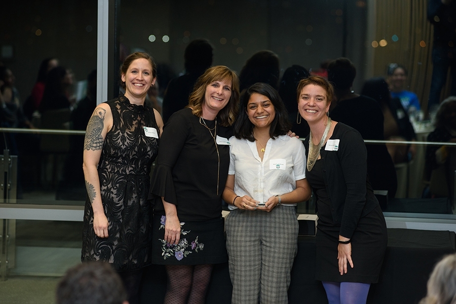 Left to right: Assistant Dean and Violence Prevention and Response Director Kelley Adams, Title IX and Bias Response Office Director Sarah Rankin, 2019 Outstanding Pleasure Educator of the Year honoree Madiha Shafquat, and Violence Prevention and Response Program Manager and Pleasure program director Vienna Rothberg.