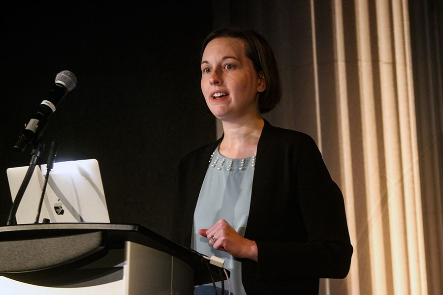Social Implications and Responsibilities of Computing working group co-chair Julia Shah, an associate professor of the aeronautics and astronautics, welcomes the crowd to Wednesday morning’s forum, held at the Kresge Little Theater.