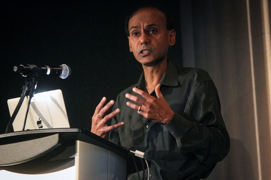Co-chair of the Academic Degrees working group, Srini Devadas, the Edwin Sibley Webster Professor of Electrical Engineering and Computer Science, discusses ideas for taking a more multidisciplinary approach to academics in the new college, among other considerations, at Wednesday morning’s forum.