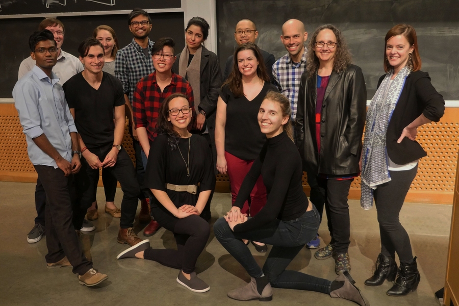 2019 Science Slam participants, hosts, and judges (left to right): Jay Thangappan, Tyler Smith, Darren Parker, Rebecca Silberman, Arish Shah, Sophia Xu, Monika Avello, Jasmin Imran Alsous, John Pham, Lindsey Backman, Emma Kowal, Ari Daniel, Vivian Siegel, and Mary Carmichael.
