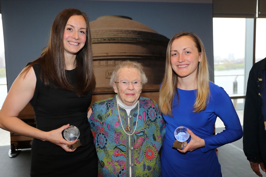 Lisa Volpatti (left) and Sarah Tress (right) meet with Priscilla Gray, namesake of the Priscilla King Gray Award for service.