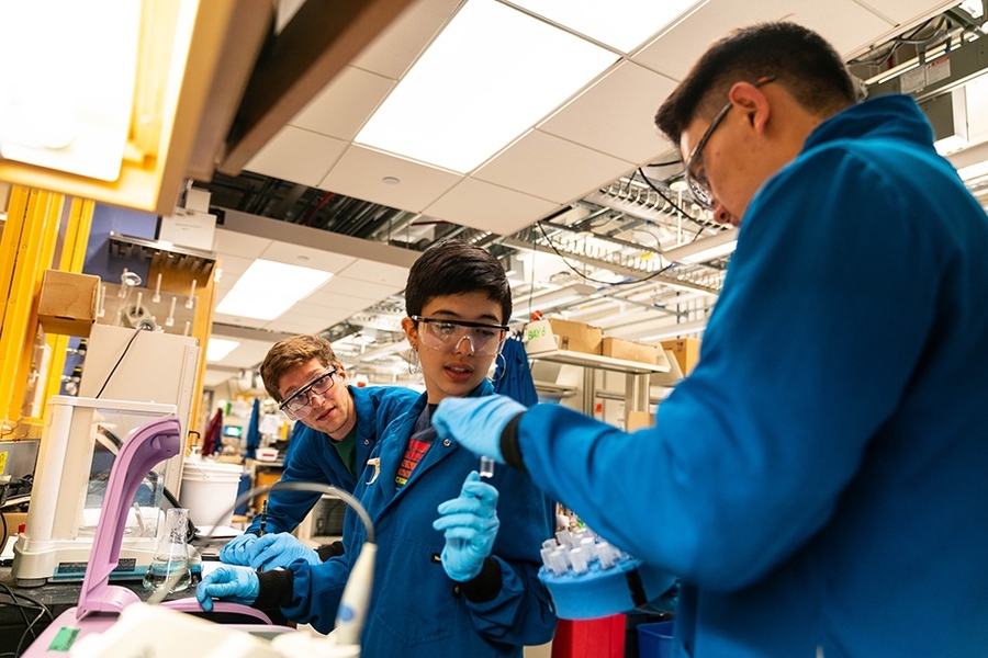 Left to right: David Silverstein, Gianna Garza, and Connor Chung are researching how the enzyme PETase could be used to break down plastic. 