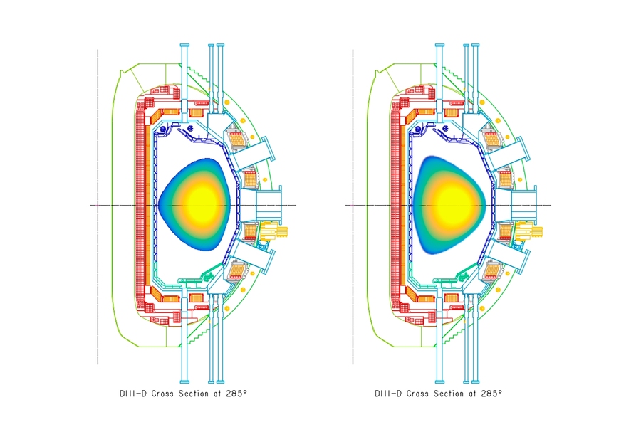 Cross sections of pressure profiles are shown in two different tokamak plasma configurations (the center of the tokamak doughnut is to the left of these). The discharges have high pressure in the core (yellow) that decreases to low pressure (blue) at the edge. Researchers achieved substantial high-pressure operation of reverse-D plasmas at the DIII-D National Fusion Facility.