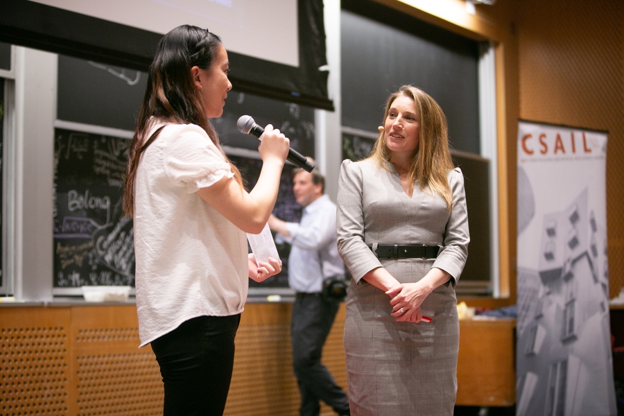 MIT Associate Provost Krystyn Van Vliet (left), a professor of materials science and engineering, took a question after her talk on efforts to improve cell therapy.