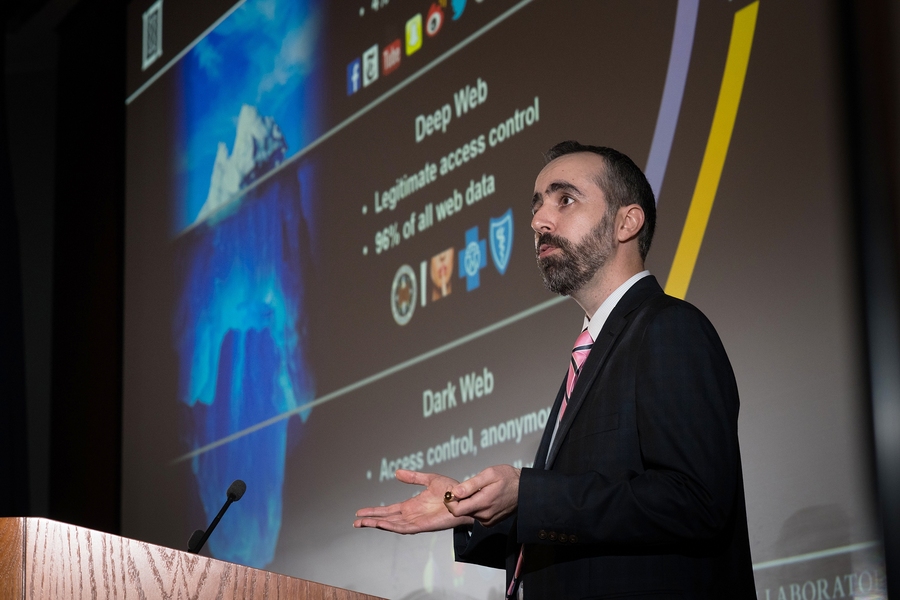 Charlie Dagli, Lincoln Laboratory technical principal investigator of the DARPA Memex program, presents his group's work on artificial intelligence tools to analyze surface- and dark-web data.