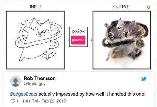 Edges2cats turns sketches into images of cats. It is one of many whimsical creations inspired by Phillip Isola’s image-to-image translation software released in the early days of generative adversarial networks, or GANs.