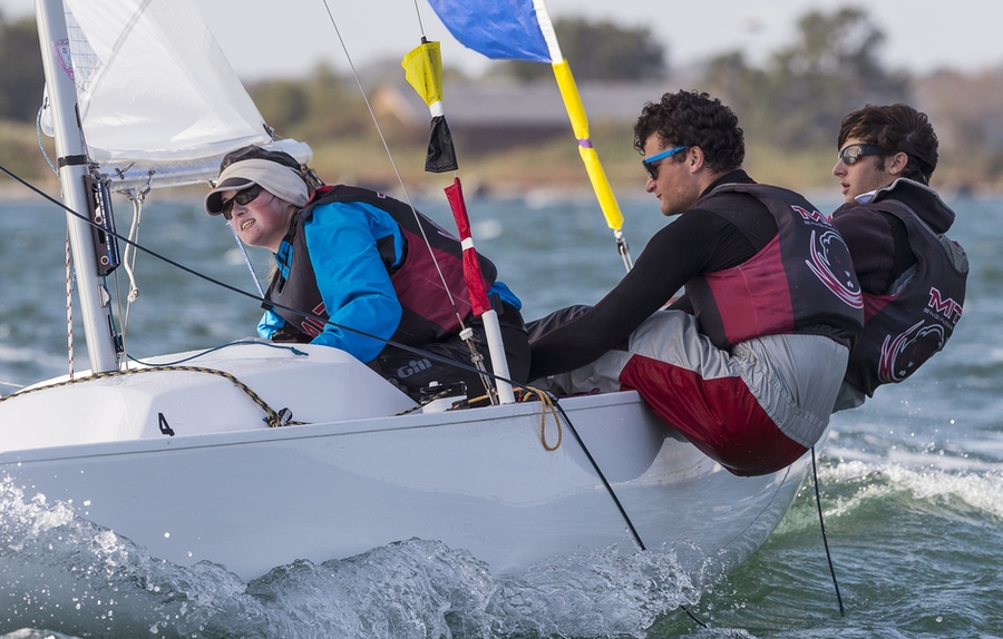 David Larson (far right) skippered the MIT team during the 2013 New England Match Racing Championship.