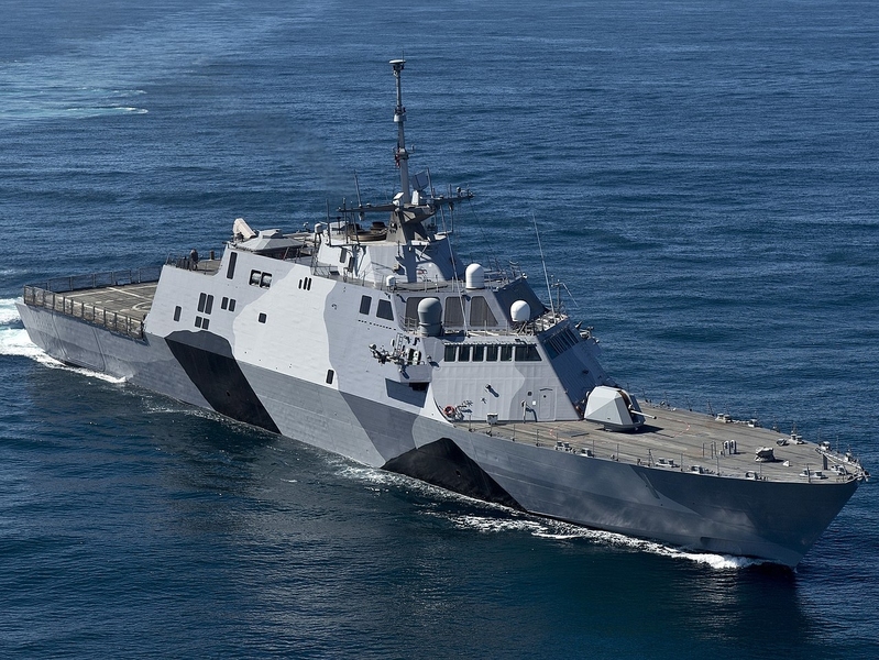The littoral combat ship USS Freedom is shown here in February 2013. A group of students including Charles Hasenbank, Tikhon Ruggles, and Cody White explored design and engineering changes that could increase endurance and efficiency in Freedom-class ships.
