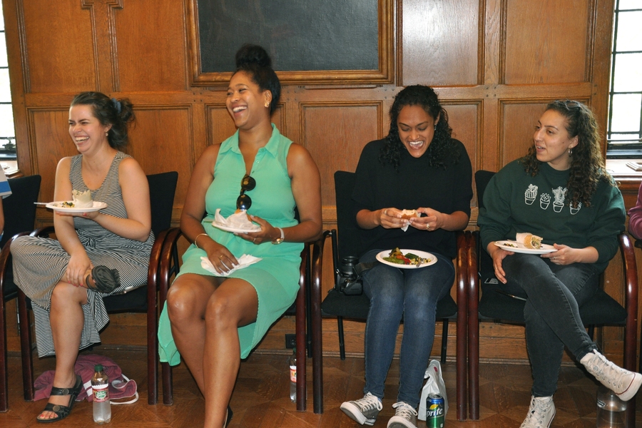 Four MIT graduate women, all MSRP alumni, react to one of Squire Booker’s comments.