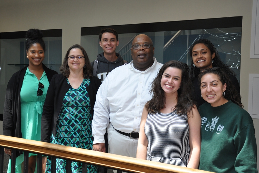 Squire Booker (center) and Catherine Drennan (second from left) pose with MSRP alumni (l-r) Tsehai Grell, Alan Trudeau, Lindsey Backman, Sheena Vasquez, and Francesca Vaccaro.