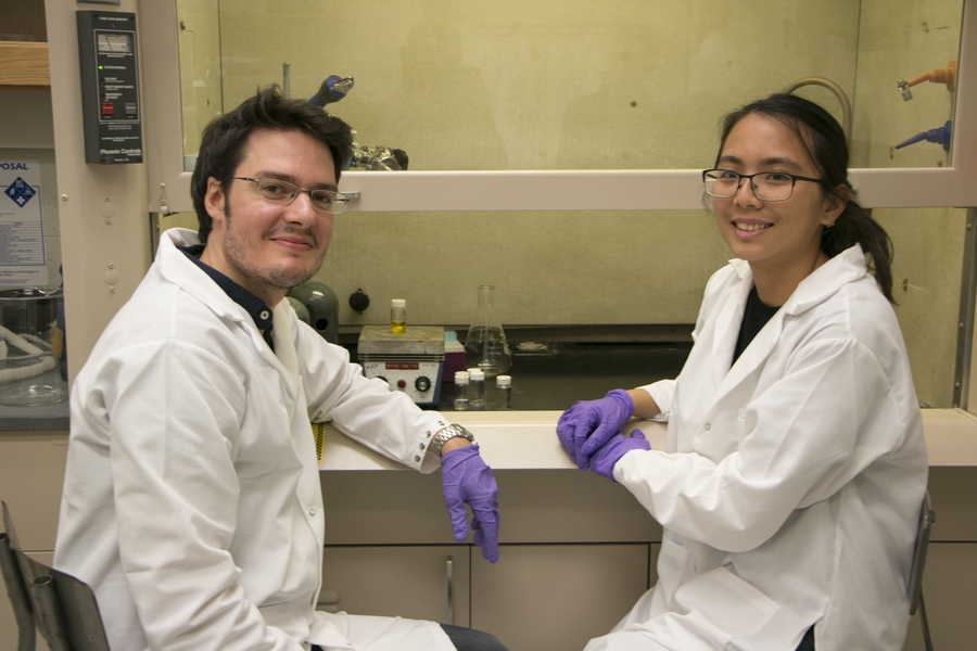 Wendy Moy (right), a physical science teacher at Diamond Middle School in Lexington, Massachusetts, works at a hood on organometallic halide perovskites with Riccardo Comin, assistant professor of physics, during summer 2018. Moy will return to the lab this summer.